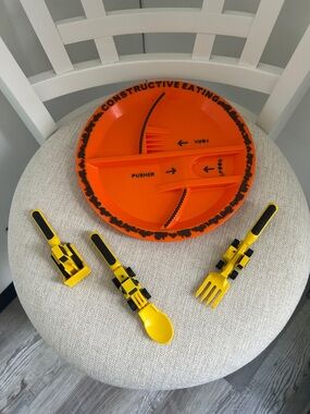 Constructive Eating Orange Divided Plate with Yellow Adaptive Utensils